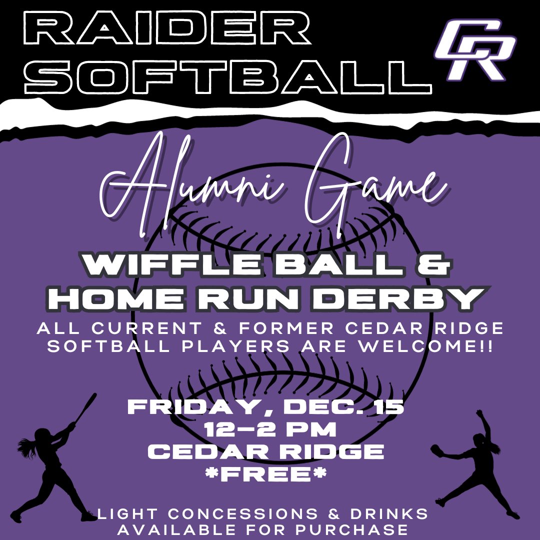 Calling all Raider 🥎 Alumni!!  We are having our 2nd annual wiffle ball game and would love for you to join us! Was a ton of fun last year. Spread the word with your former teammates! <a href="/CedarRidgeHigh/">CRHS</a>  <a href="/LadyRaiderAth/">Lady Raider Athletics</a>