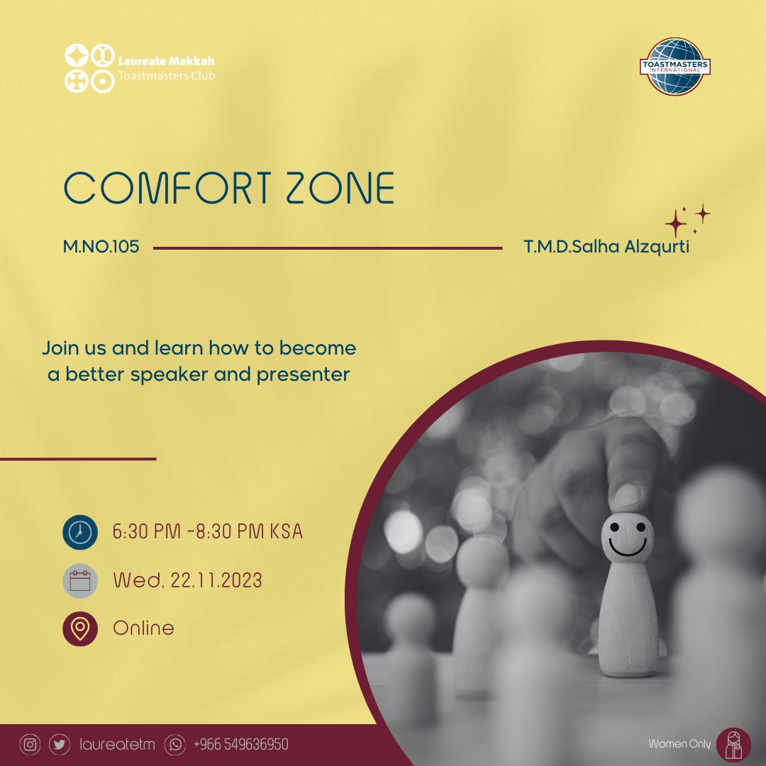 You're invited to our 96th toastmasters regular meeting.

Meeting details
💥Theme: COMFORT ZONE
🗓️Date: Wed, 22 Nov 2023
⏰Time: 6:30-8:30
📍Place: Online on Zoom

us06web.zoom.us/j/4930795077?p…

🌼🌼🌼🌼🌼🌼🌼

🎯 Women only