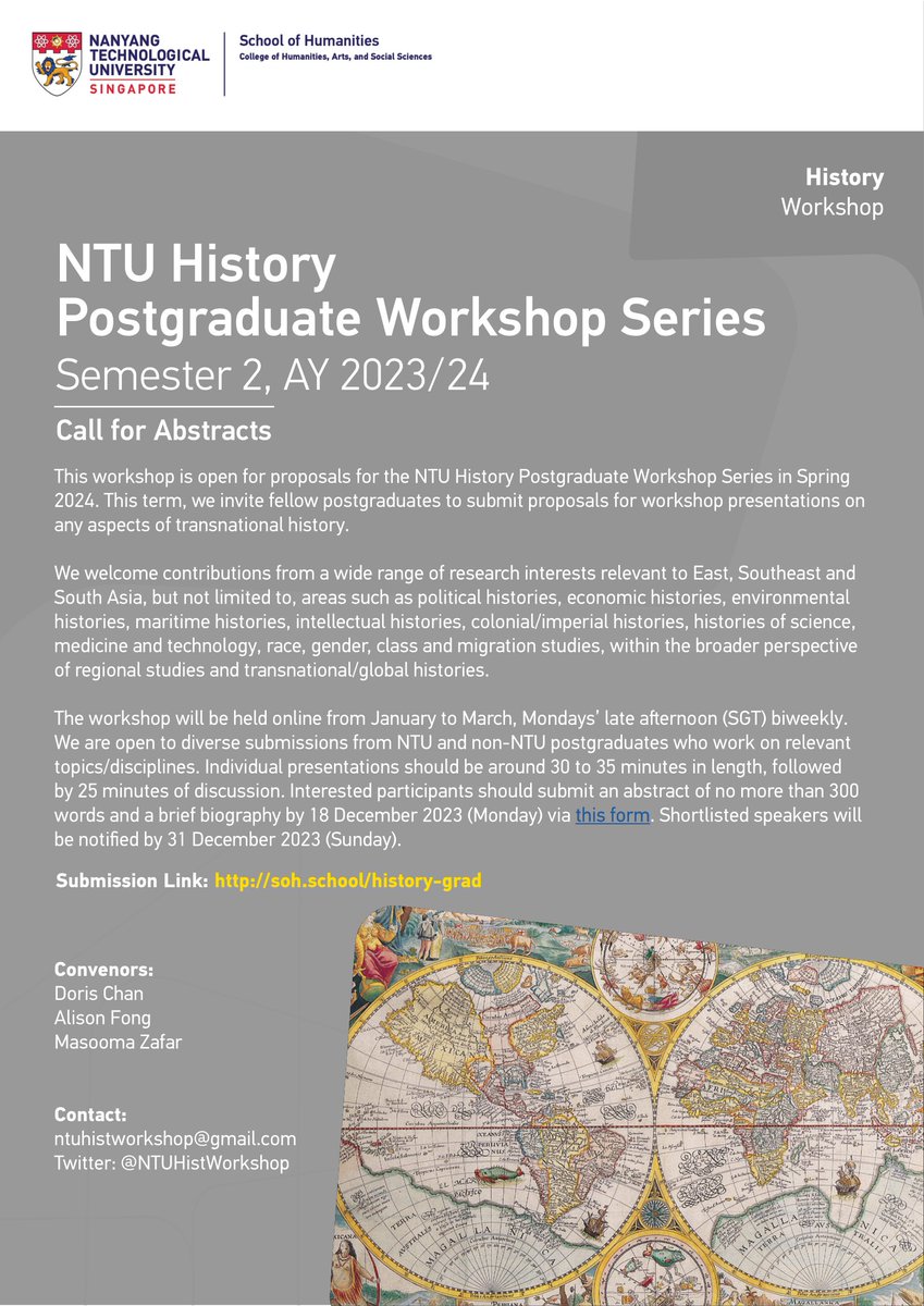 [CALL FOR ABSTRACTS] We're hosting @NTUHistory's fourth graduate-led workshop series from Jan to March 2024! We welcome any abstracts related to transnational history (max 300 words). Send your abstract to ntuhistworkshop[at]gmail[dot]com by 18 December 2023. Please Re-post!