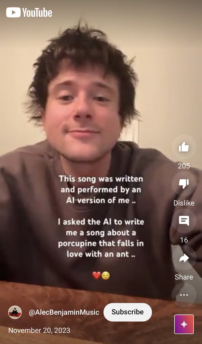 AlecBenjamin's tweet photo. I used asked AI to write & sing a song about a porcupine & an ant that fall in love in my voice .. π .. check it out !
Iβm a #YouTubePartnerTester on Dream Track, a new AI experiment to help shape the future of music with YouTube and Google DeepMind
https://t.co/3mBhBqGMeg https://t.co/FpiNhMBd55