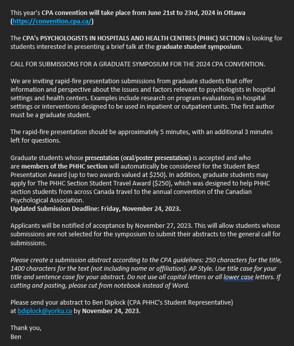 phhcstudentscpa's tweet photo. See below for information on our extended deadline for submissions to the PHHC Graduate Student Symposium! We're now accepting submissions until this Friday, November 24th. Hope to see you at the CPA Convention in Ottawa! https://t.co/wjh9Vquc4F
