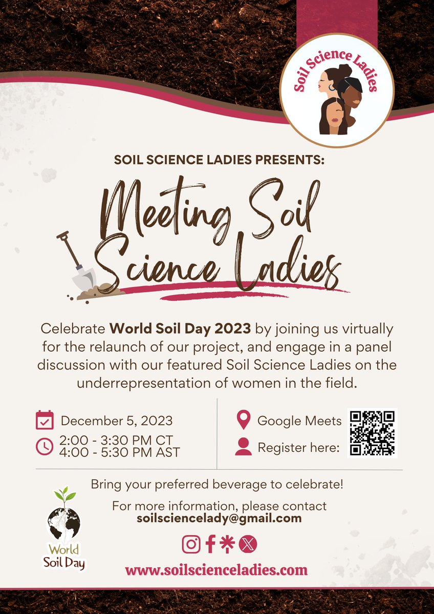 🤎 | Soil Science Ladies (@soilsciencelady) on Twitter photo 🗓️🤎 Dig deeper this 2023 World Soil Day by joining us for "Meeting Women in Soil Science", a virtual event celebrating the relaunch of the Soil Science Ladies project! 💕Save your spot now! ✍🏽Link in bio 🔗
#WomenInSoilScience #SoilScienceLadies  #SoilScience #EmpoweringWomen 🗓️🤎 Dig deeper this 2023 World Soil Day by joining us for "Meeting Women in Soil Science", a virtual event celebrating the relaunch of the Soil Science Ladies project! 💕Save your spot now! ✍🏽Link in bio 🔗
#WomenInSoilScience #SoilScienceLadies  #SoilScience #EmpoweringWomen