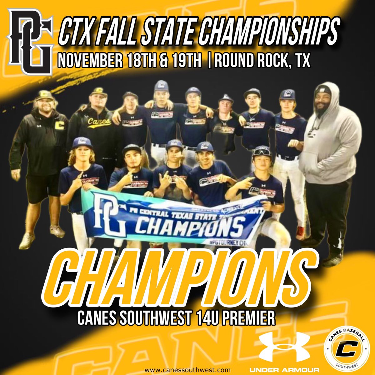 TheCanesSW's tweet photo. ๐ STATE CHAMPS!!! ๐
#CanesSW won the 13U title and 14U Premier took home ๐ฅ @perfectgameusa @pg__texas CTX Fall State Championships, too! #TheCanesWay is leading the way in Texas this fall and this squad is poised for an awesome spring. Well done. ๐ซก https://t.co/7twZpAVc8d