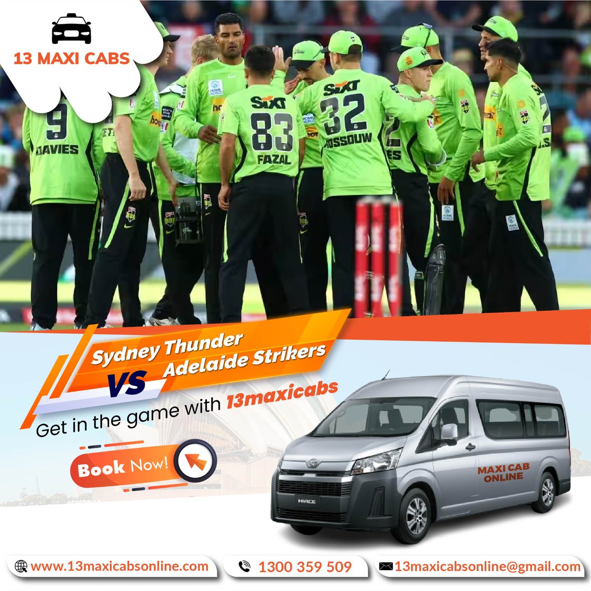 CabSydney's tweet photo. Ride with Thunderous Style! 🌩️ Sydney Thunder takes on Adelaide Strikers, and we're rolling in style with 13maxicabs.
 For bookings,
📞call: 1300 359 509
✉️ Email: 13maxicabsonline@gmail.com
🌐 Visit: https://t.co/PEDLis5Hbt
#ThunderTaxis #GameDayRide #maxi #cab #Sydney https://t.co/wufVrAgxgC