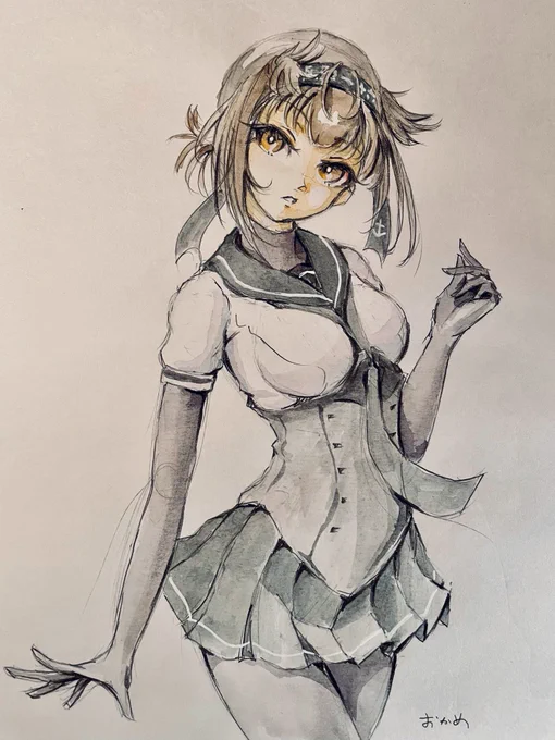 二年前に水彩で描いたワンドロ初月ちゃんをRTしてくださった方がいらしたので…色を原画に近くなるように補正してみました。 