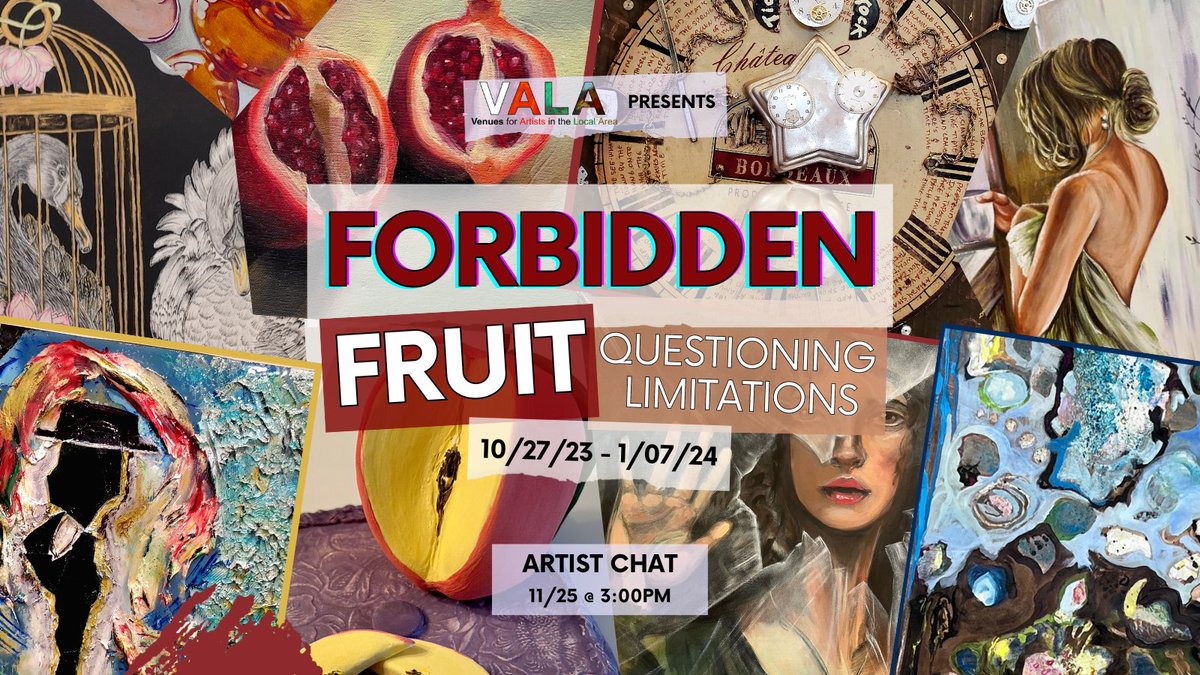 VALAEastside's tweet image. 🎤 Join our Artist Chat on Nov 25 (3-4:30 PM) @VALAArtCenter! Meet the minds behind #ForbiddenFruit and explore their artistic journeys. 🎨✨ Don't miss this insightful session with our featured artists, and MC Laura Lee Bennett! RSVP: facebook.com/events/1830328… #ArtistChat
