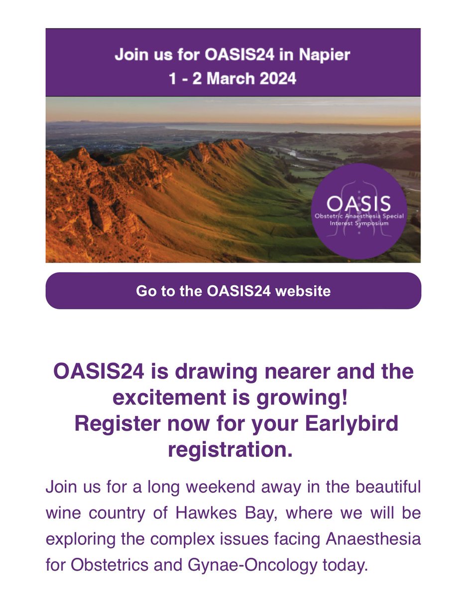OASIS24 is drawing nearer! Make sure you register now before spaces fill up. 
See you all in Napier for an update on obstetric anaesthesia. 
#obsanaesthesia #NZoasis24 

oasisconference.co.nz