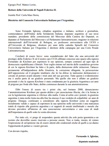 FerIglesias's tweet photo. Sin otro comentario, comparto con ustedes la carta (y la traducción al castellano) que envié ayer al rector de la Universidad de Nápoles en la que la señora Cristina Kirchner iba a dictar una conferencia sobre la Democracia y sus insatisfacciones. Buenas noches. https://t.co/eOHS7l2eB5