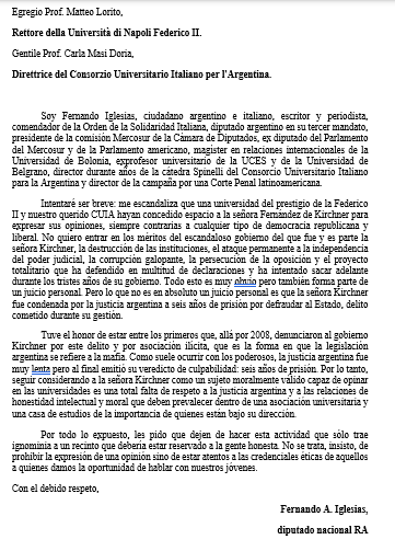 FerIglesias's tweet photo. Sin otro comentario, comparto con ustedes la carta (y la traducción al castellano) que envié ayer al rector de la Universidad de Nápoles en la que la señora Cristina Kirchner iba a dictar una conferencia sobre la Democracia y sus insatisfacciones. Buenas noches. https://t.co/eOHS7l2eB5