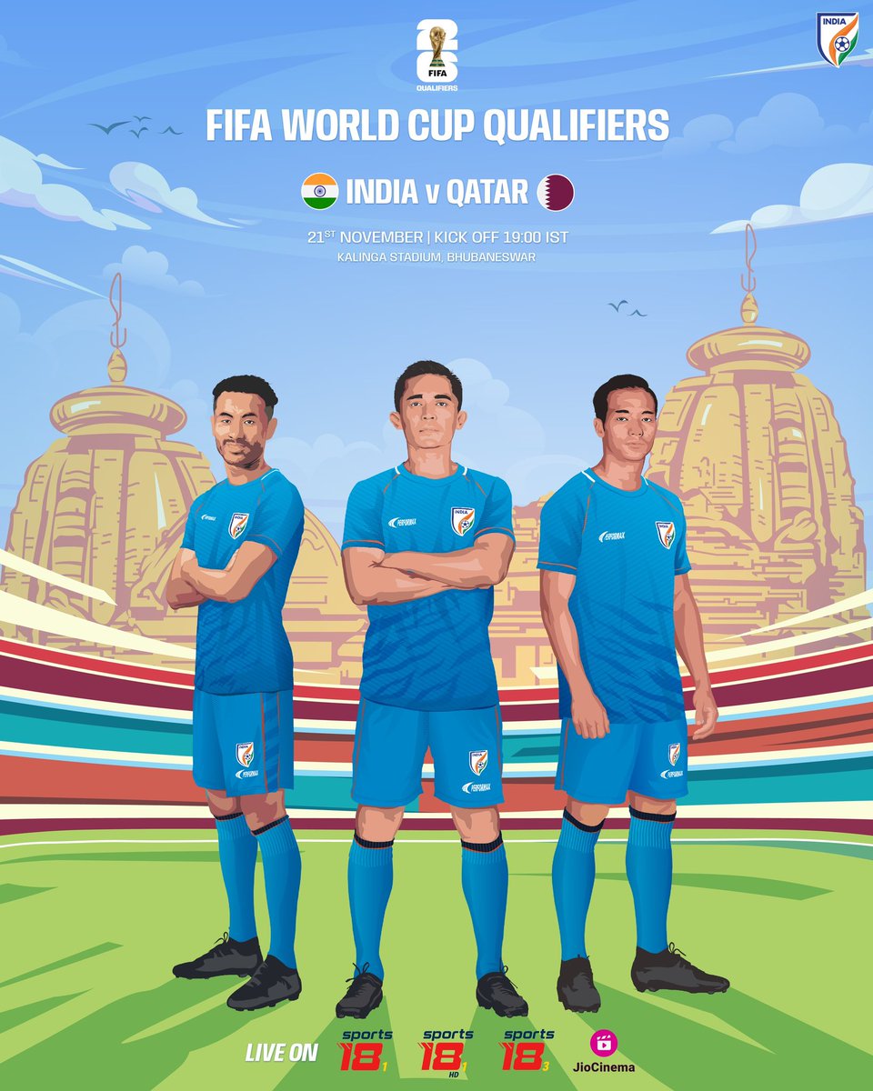 IndianFootball's tweet photo. 🇮🇳 #𝐁𝐋𝐔𝐄𝐓𝐈𝐆𝐄𝐑𝐒 𝐀𝐓 𝐊𝐀𝐋𝐈𝐍𝐆𝐀 ⚔️

We take on Qatar 🇶🇦 in our first home fixture of the #FIFAWorldCup Qualifiers in Bhubaneswar today! 💪

🏟️ Kalinga Stadium
🕖 19:00 IST
📺 @Sports18 and @JioCinema 

#INDQAT ⚔️ #IndianFootball ⚽ https://t.co/uBiZh5b8rl