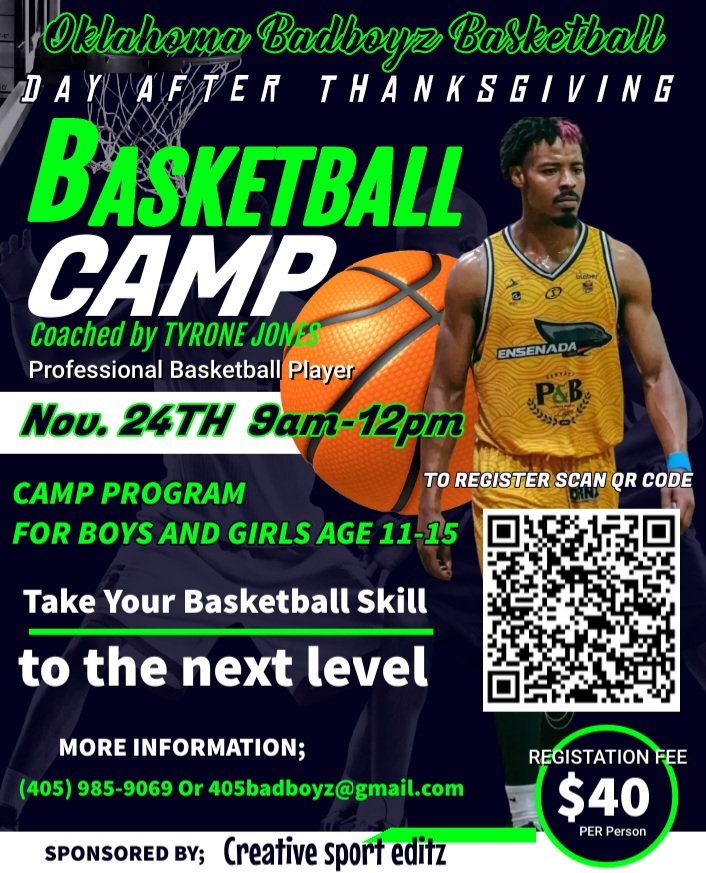 the day after Thanksgiving bring your kids to get a good workout lead by professional Basketball player Tyrone Jones  this will be a 3 hrs skills camp and it will have live games too. You don't want to miss out this camp. scan the QR CODE to fill out the registration form.