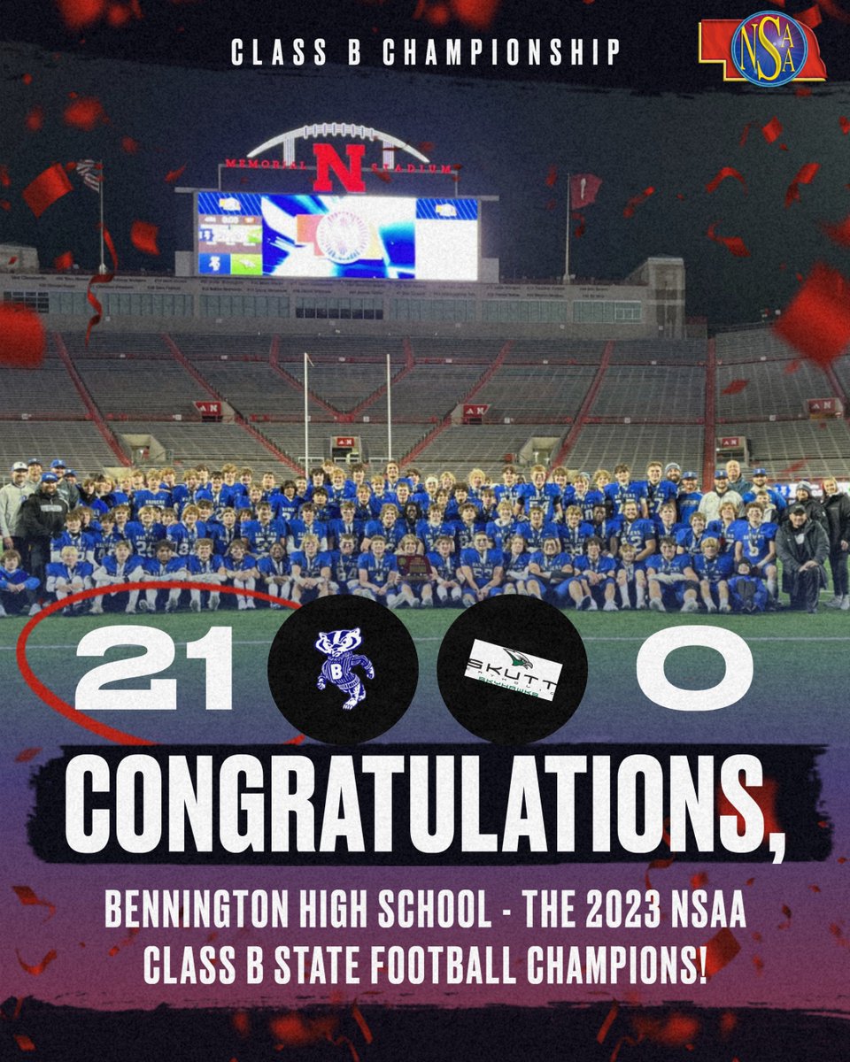 nsaahome's tweet photo. Congratulations, Bennington High School – the 2023 NSAA Class B State Football Champions! #nebpreps https://t.co/kYS57i2flg