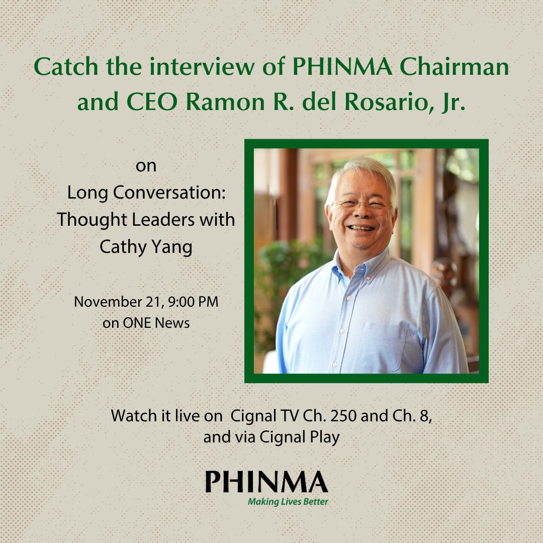 PHINMAofficial's tweet photo. PHINMA Chairman and CEO Ramon R. del Rosario, Jr. discusses Philippine education and what role business plays on Long Conversation: Thought Leaders with Cathy Yang. Catch his interview at 9:00PM on ONE News, Cignal TV channels 250 and 8. #MakingLivesBetter https://t.co/fYbXjdTFWa