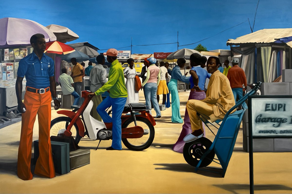 Guiguiii94's tweet photo. Le peintre germano-nigérian #PeterUka (1975-) expose ses grands formats aux tonalités vives chez @MARIANEIBRAHIMG.

Des postures stéréotypées, des figures comme posées sur un décor, les forts contrastes de couleurs renforçant l’artificialité de ses compositions. https://t.co/DYGnUkZ9Pn