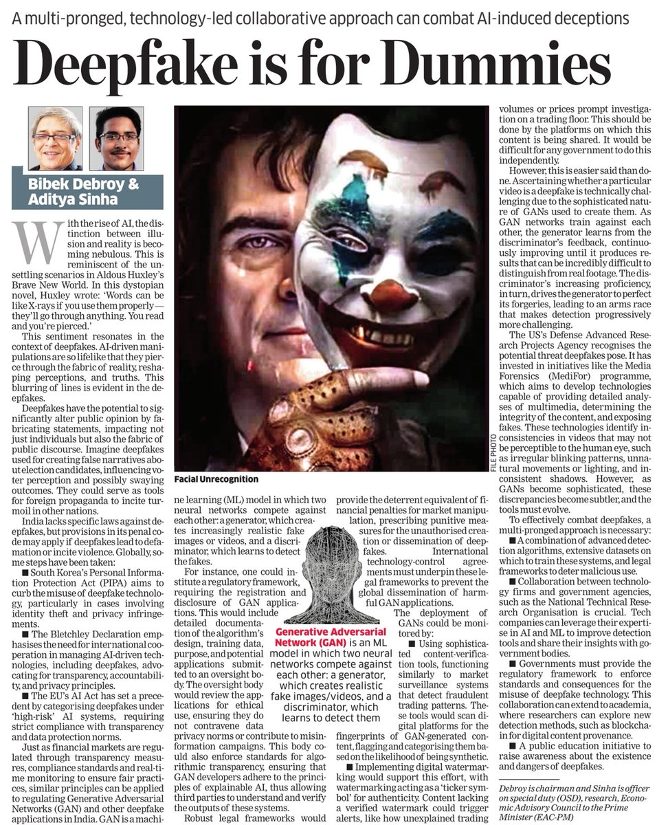 With AI's rapid advancement, the line between illusion and reality blurs. Deepfakes, lifelike AI manipulations, reshape perceptions, challenging our grasp on truth. The need for regulation in this sphere is more pressing than ever. Dr @bibekdebroy & @adityasinha004 write. 1/5