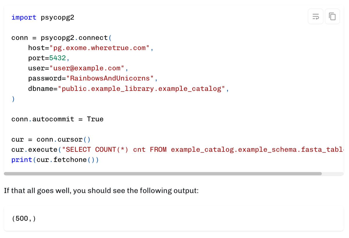 We've release initial support for the postgres wire protocol to Exome. This means you can use common postgres tools to connect directly with your bioinformatics data.

See our blog post for more, including temporary limitations (no pg_catalog support).

wheretrue.dev/blog/basic-pos…