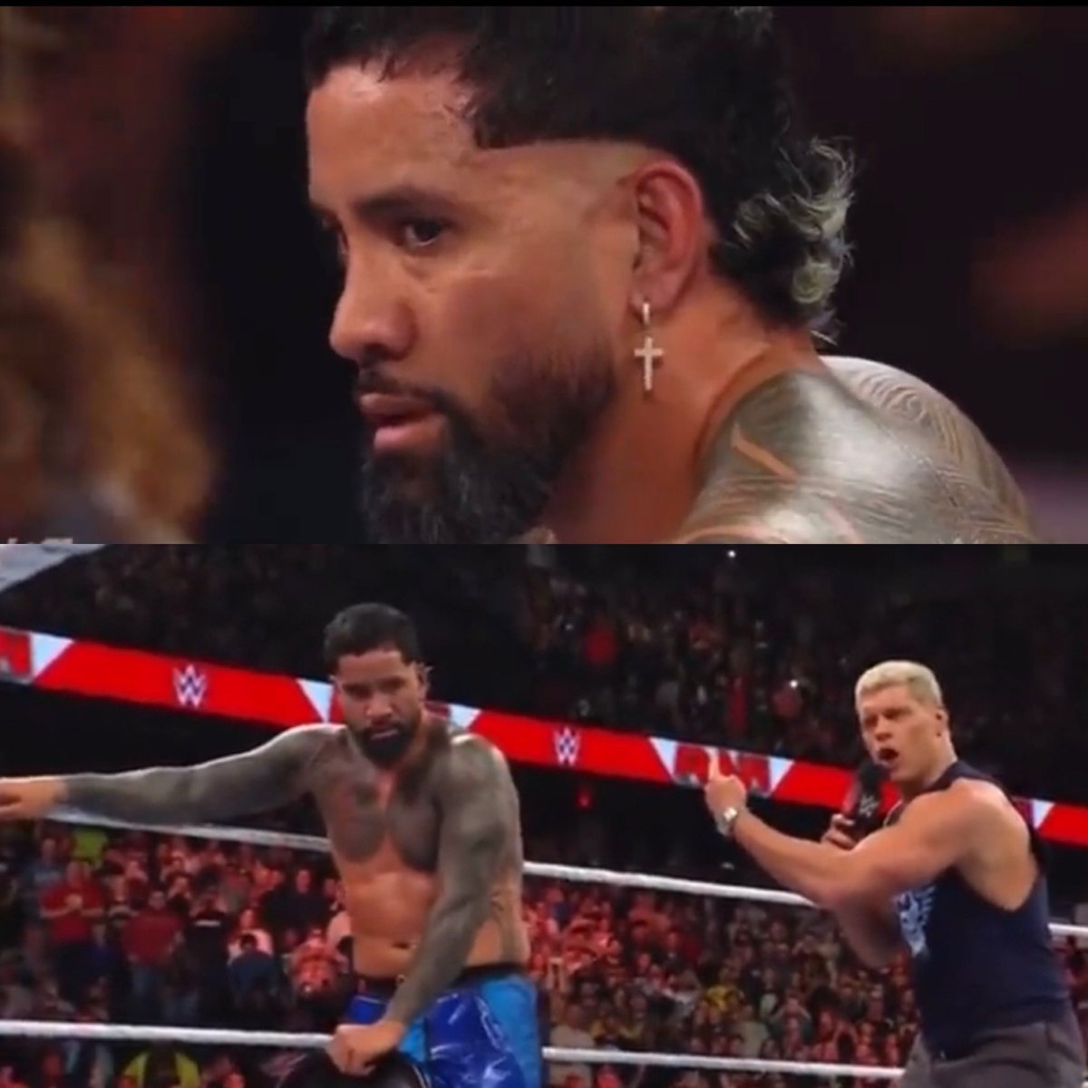WrestleOps's tweet photo. Appreciating Jey Uso for a moment.

Moment Cody Rhodes announced Randy Orton as the final member of their team, Jey’s reaction was not in-par with the rest.

The last time we saw Randy was The Bloodline taking him out &amp; sending him home.

Jey remembers.

Continuity is 🔑 https://t.co/sUODQD527v