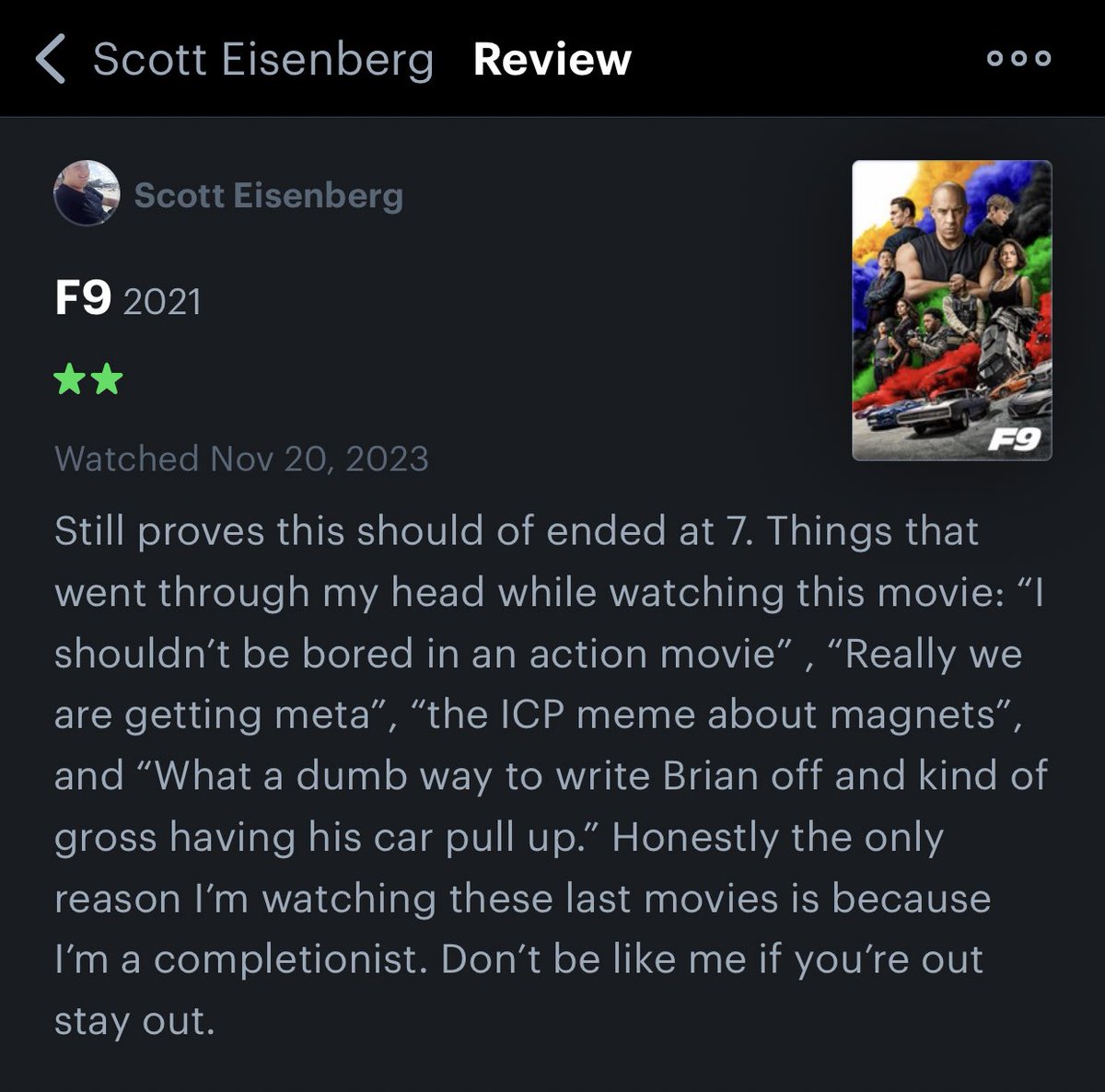 ShootTheFlick's tweet image. So just watched #F9 here are my thoughts