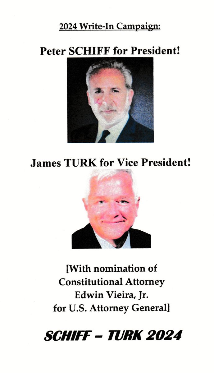 DiFiMcGinn's tweet image. Fed up with the #Presidential choices so far? Why not #WriteIn @PeterSchiff___ for #President and @FGMR's #JamesTurk for #VicePresident? #SCHIFFandTURK2024! And read #TheGreatCrash by #PeterSchiff and #MoneyAndLiberty by James Turk. #FiscalResponsibility #HonestMoney #EndTheFed!