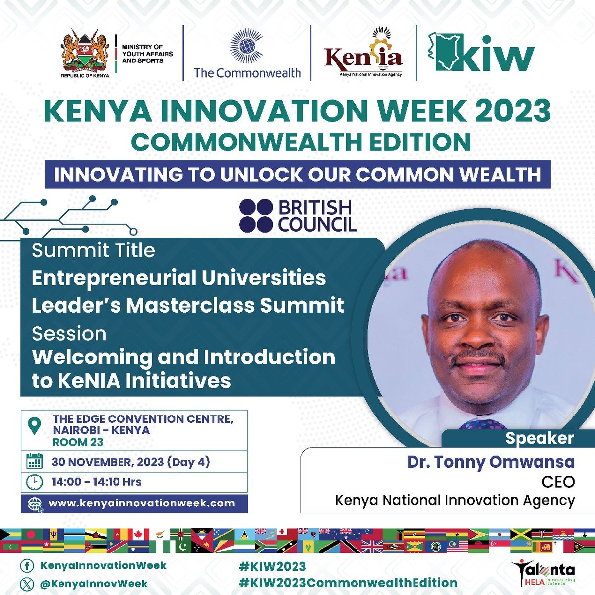 KenyaInnovWeek's tweet photo. Join us at @KenyaInnovWeek @commonwealthsec Edition for the Entrepreneurial Universities Masterclass! ✨ Thrilled to announce our stellar lineup of facilitators @Bettymuganda17 PS @EduMinKenya, Neil Marshall of @ChangeSchoolOrg, @tomwansa CEO, KeNIA and Kevin Ibeh of @BirkbeckUoL https://t.co/T2LICaTTdA