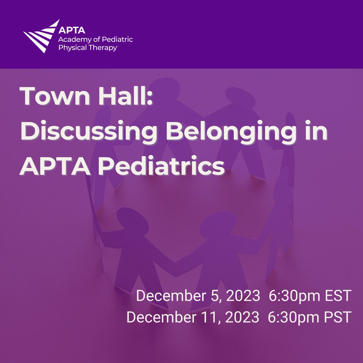 AcadPedPT's tweet photo. Be a part of APTA Pediatrics’ conversation around belonging, diversity, and inclusion! We welcome all to this discussion facilitated by representatives from various APTA Pediatrics Committees including DEI, Leadership Development, and Membership Engagement. #pediPT 1/3 https://t.co/vcOEnG2Jgo