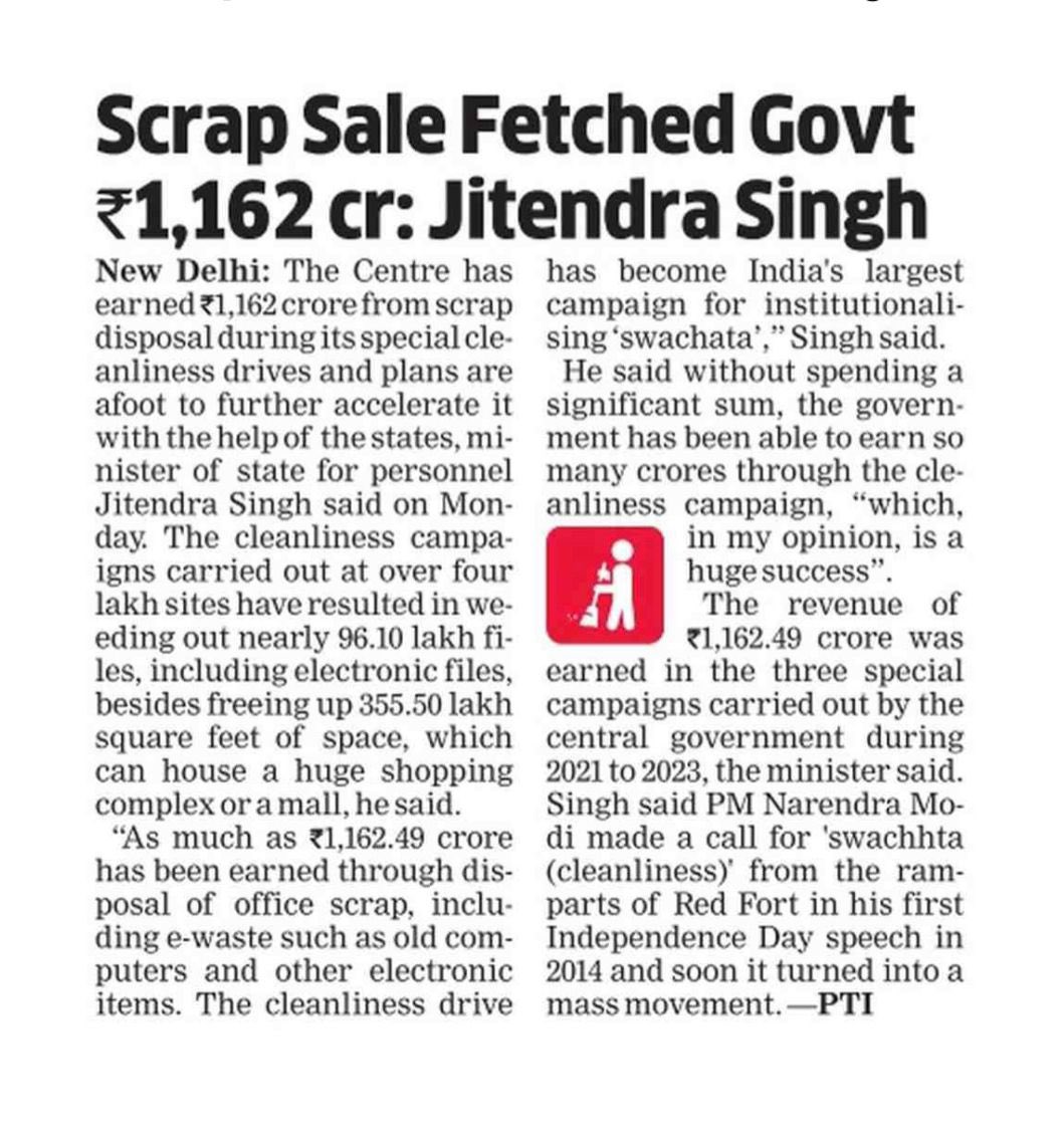 Economic Times: Scrap Sale Fetched Govt 1,162 cr #SpecialCampaign3 #DARPG