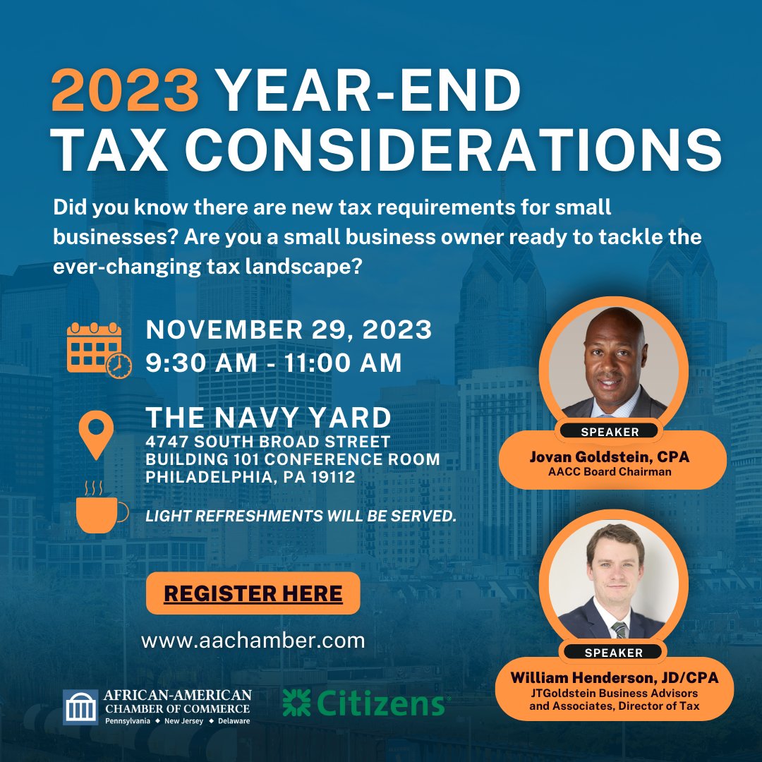 Small business owners, stay ahead of the tax curve with AACC's Year-End Tax Considerations program!

November 29, 2023
9:30-11 AM EST
The Navy Yard, Philadelphia

Register: membership.aachamber.com/events/details…

#JoinAACC #BusinessSupport #TaxEducation #AACCEvent
