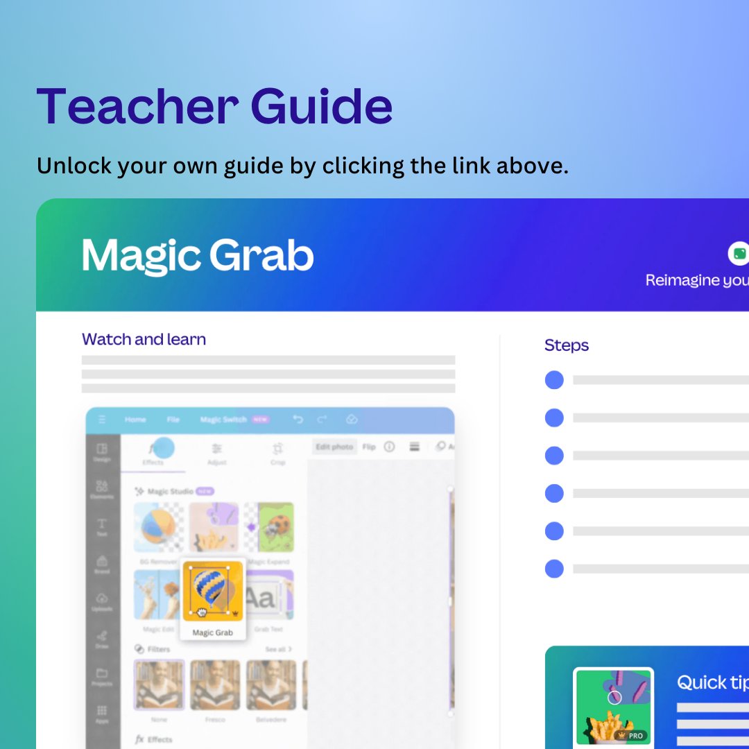 CanvaEdu's tweet photo. Elevate your classroom designs with Magic Grab in #CanvaEDU!

Learn how with our Teacher Guide that includes: watch &amp; learn video, easy steps, &amp; a quick tip! https://t.co/Lt7oyzoyNT https://t.co/TwFfzkm5Od