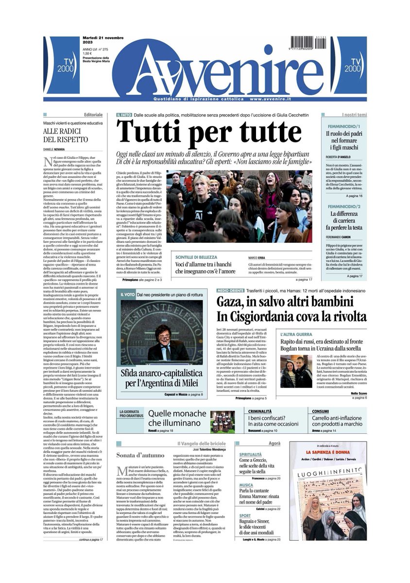 #21novembre              
Ecco la prima pagina di #Avvenire di oggi. 
🔴A questo link buff.ly/2RhV0v2  puoi leggere la tua copia digitale, comprare una copia o abbonarti.