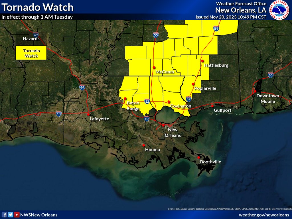 The tornado watch has been extended until 1 AM for parts of SE LA and S MS except for Wilkinson, Pointe Coupee and W Feliciana.