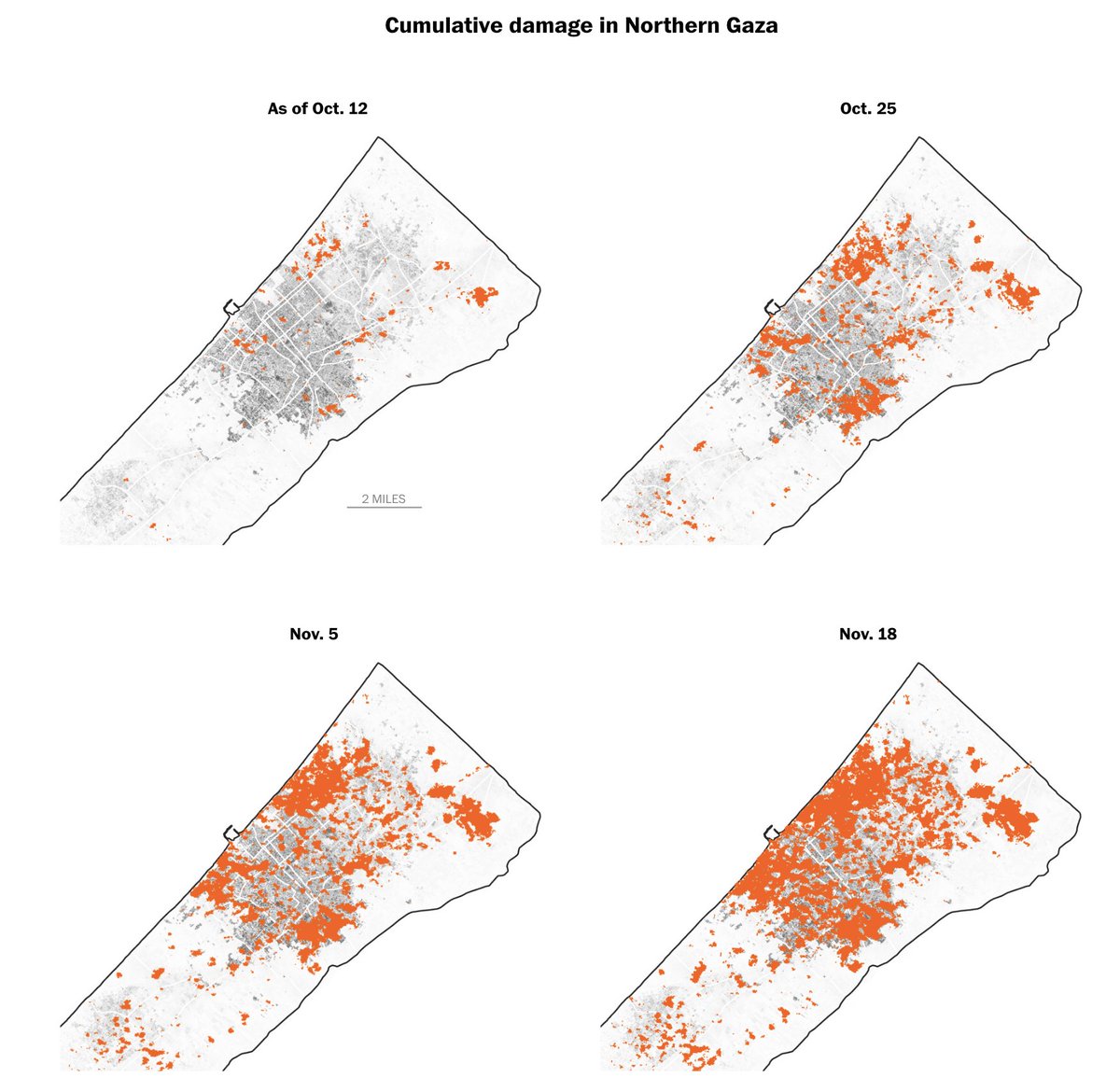Almost 50% of all the buildings in north Gaza have been damaged by the war, @coreymaps and @jamonvdh find in their latest assessment: washingtonpost.com/world/2023/gaz…