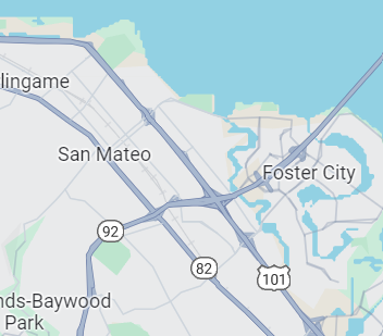 a screenshot of google maps in San Mateo County, California showing US Highway 101, California State Route 82, and California State Route 92. The roads are all of similar widths and colors. 