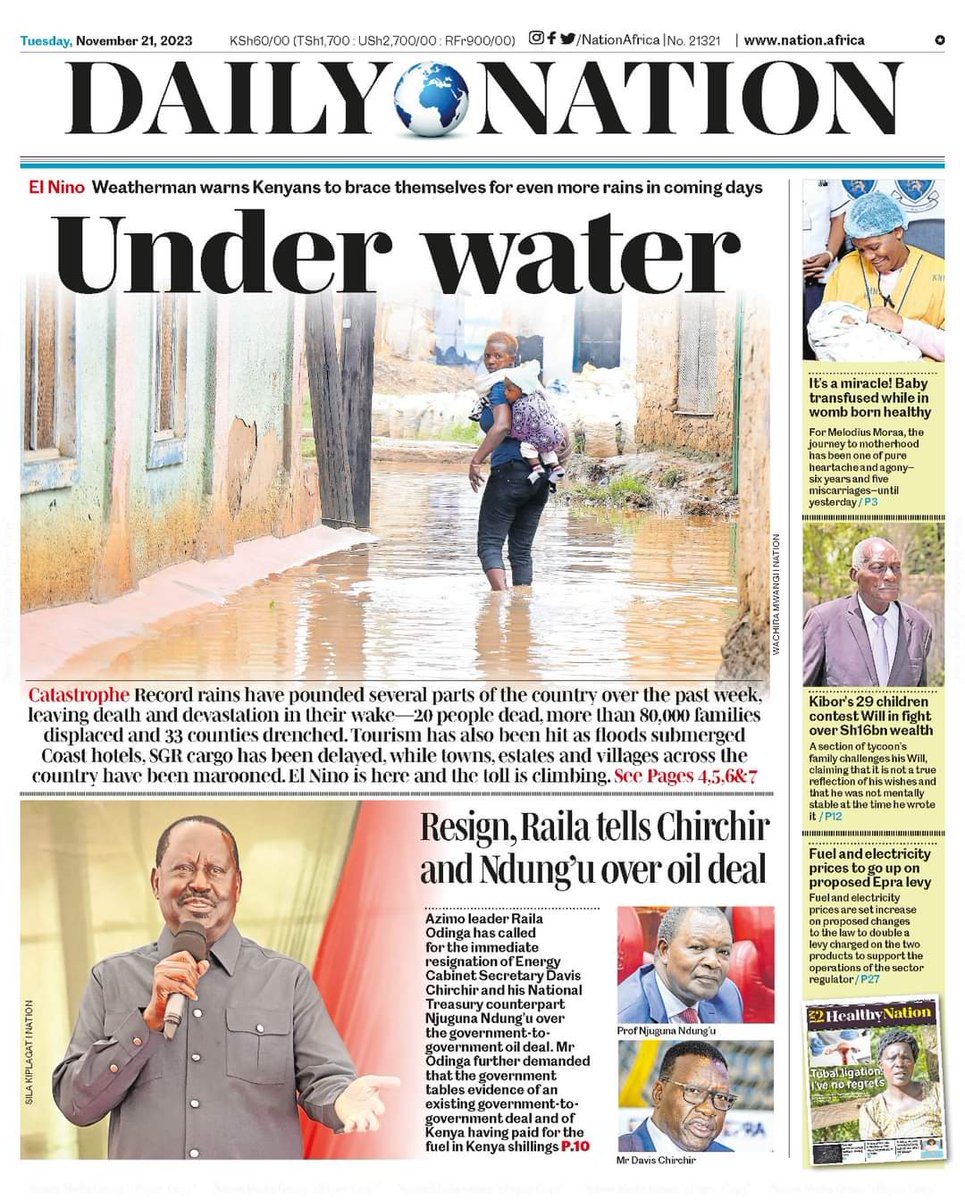 don_dallass's tweet photo. Newspaper Headlines Today
TUE 21st NOV 2023 

DAILY🌏 NATION
-UNDER WATER- 

#DAILYNATION #dailynation #dailynationnewspaper #thestandard #thestar #newspaper #newspapers #NewspaperHeadlines #newspaperheadline #NewspaperHeadlines 

#thestandard https://t.co/T1Y7pMSBJJ