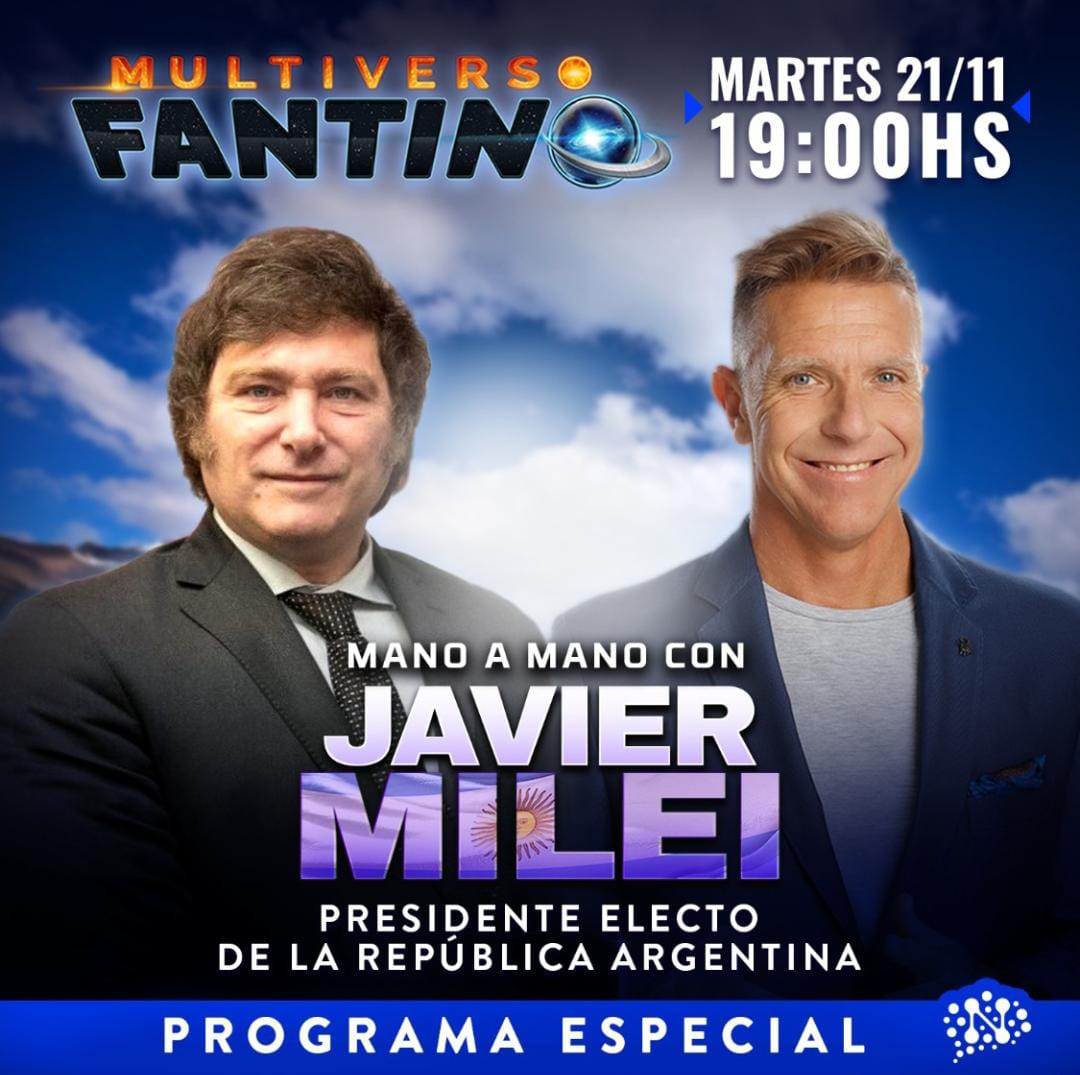 Neura (@neuramedia) on Twitter photo Hoy Martes 21 a las 19:00hs nos visita <a href="/JMilei/">Javier Milei</a>, Presidente electo de la República Argentina, en #MultiversoFantino
Mirá en vivo el programa en nuestro canal de Youtube o de Twitch.
<a href="/fantinofantino/">Alejandro Fantino</a> Hoy Martes 21 a las 19:00hs nos visita <a href="/JMilei/">Javier Milei</a>, Presidente electo de la República Argentina, en #MultiversoFantino
Mirá en vivo el programa en nuestro canal de Youtube o de Twitch.
<a href="/fantinofantino/">Alejandro Fantino</a>