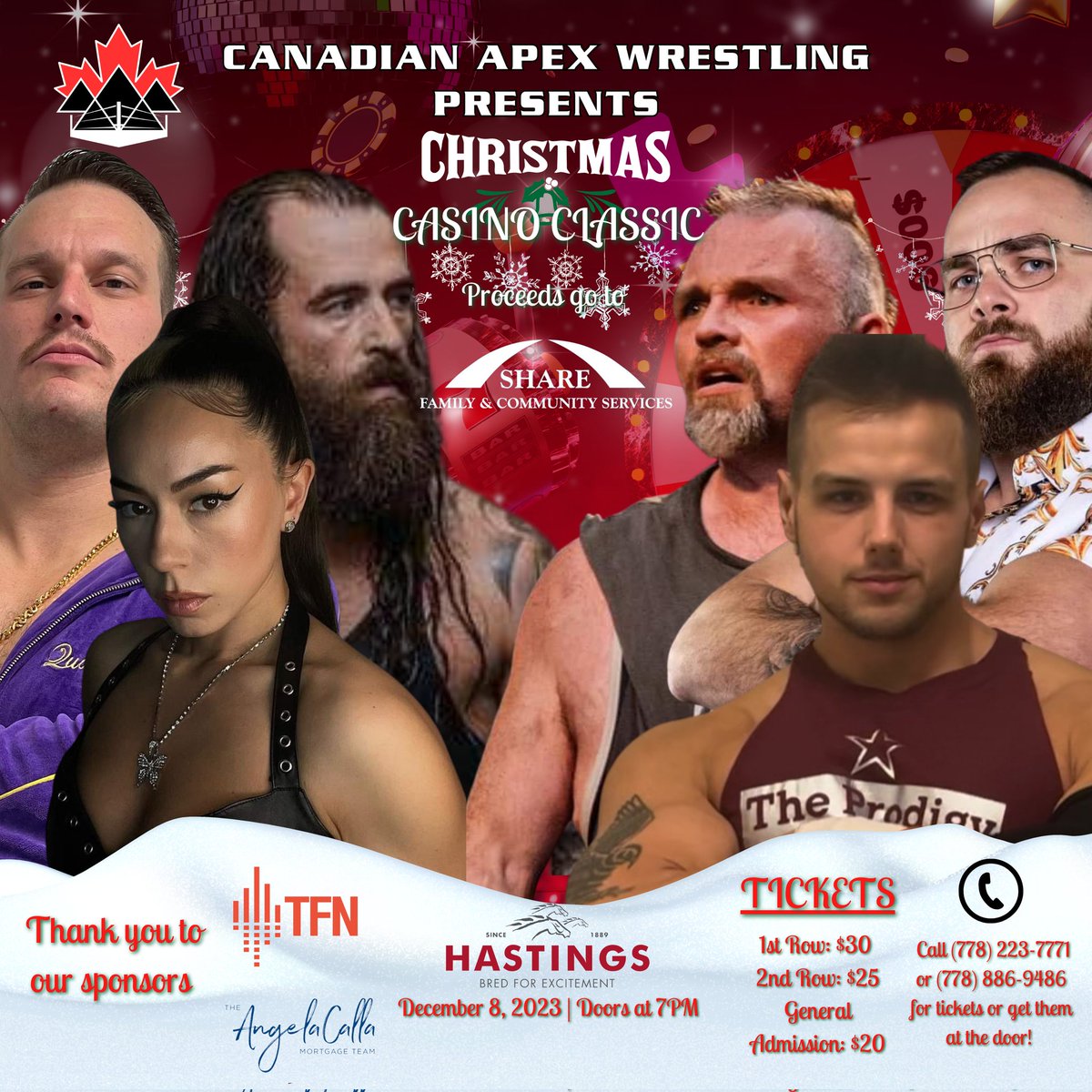 cdnapxwrestling's tweet photo. Canadian Apex Wrestling presents the Christmas Casino Classic at @hastingsraces  in Vancouver, on December 8th, 2023!

Proceeds going to Share Family and Community Services.

🎟️ Grab your tickets now at 778-223-7771 or 778-886-9486, or snag them at the door! #Vancouver https://t.co/3YgFi1K9Pa