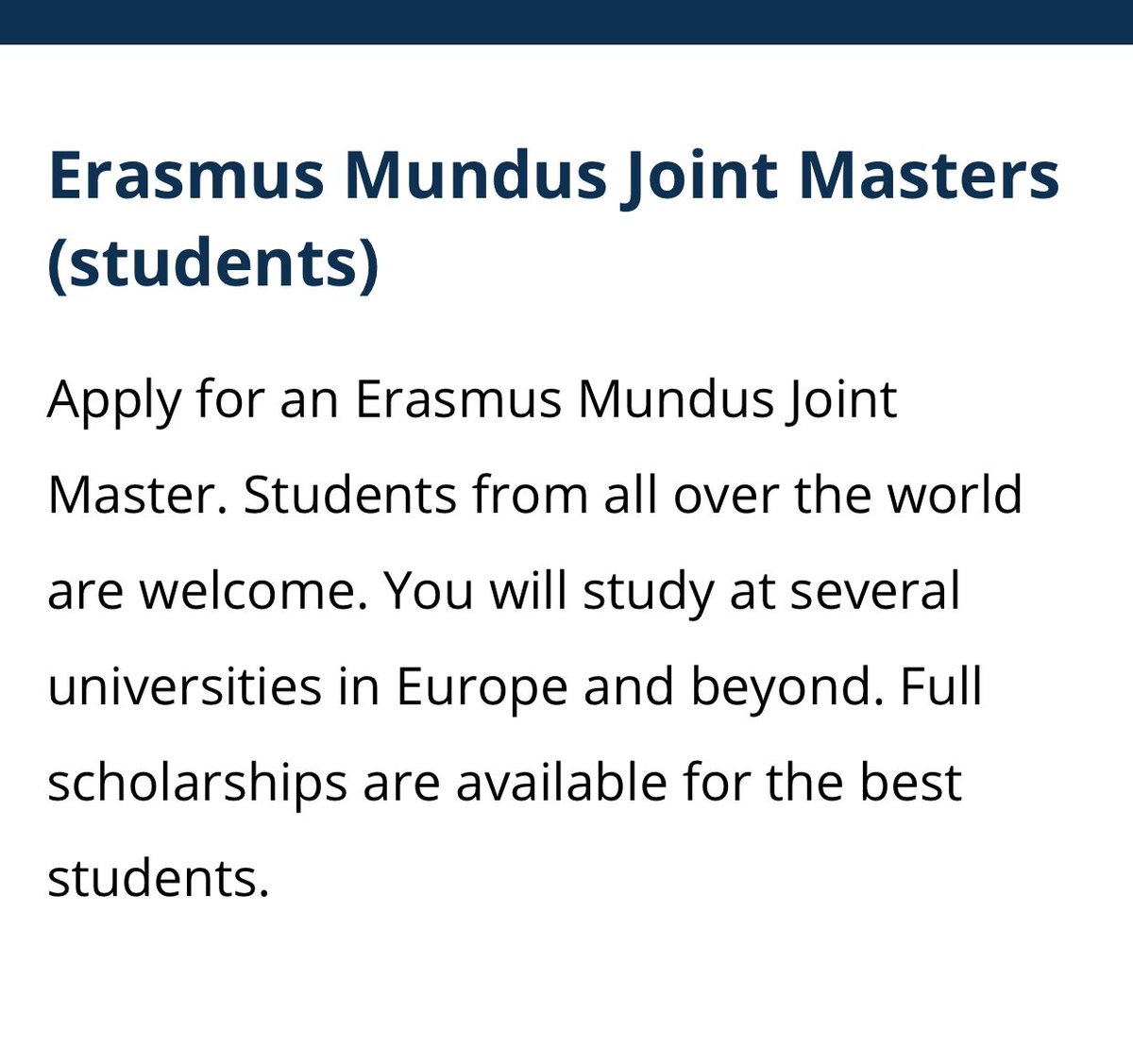 The European Union (EU) Erasmus Mundus Joint Masters Scholarships 2024/2025 for study in Europe and abroad (Fully Funded) Application Deadline: January 2024 erasmus-plus.ec.europa.eu/opportunities/…