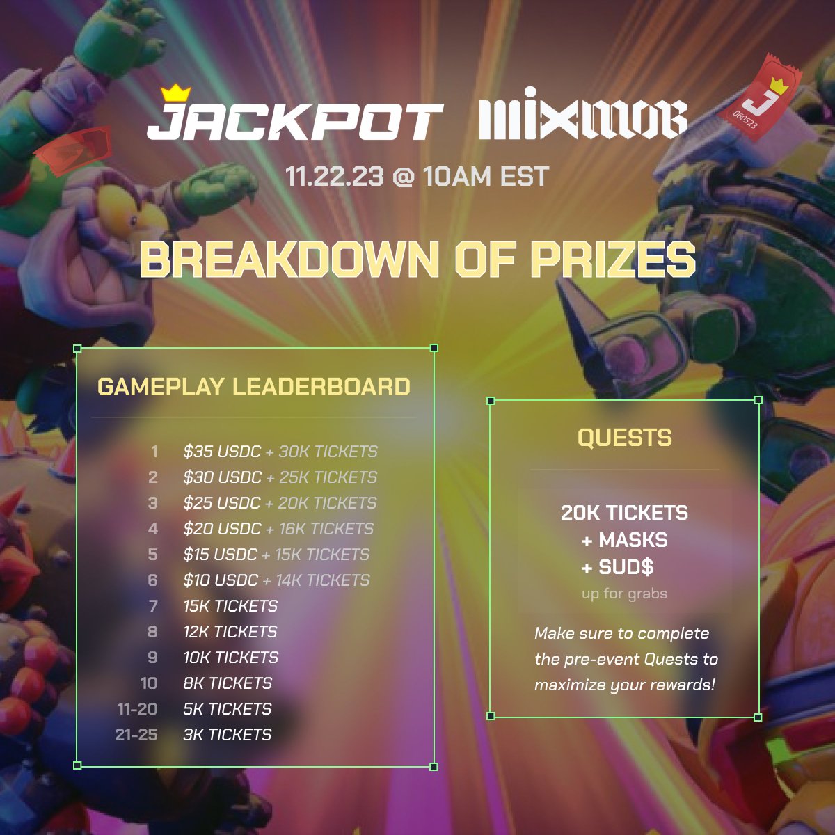 jackpotxyz's tweet photo. 👑🎮 Jackpot x MixMob🎮👑

💰Prizes: USDC + NFT + SUD$
🎮Game: @MixMobOrigin 
🆎Type: Tournament
📅 Date: 11/22/23 10am EST
📺 Where: Jackpot Discord
💲Entry Fee: FREE
🤔OPT-In: Jackpot Discord
(Link in comments) 

We are running it back with one of our favorite community games again ! MixMob !

All are welcome so come and join us in some epic racing battles with prizes for gaming, quests, and participation 💪