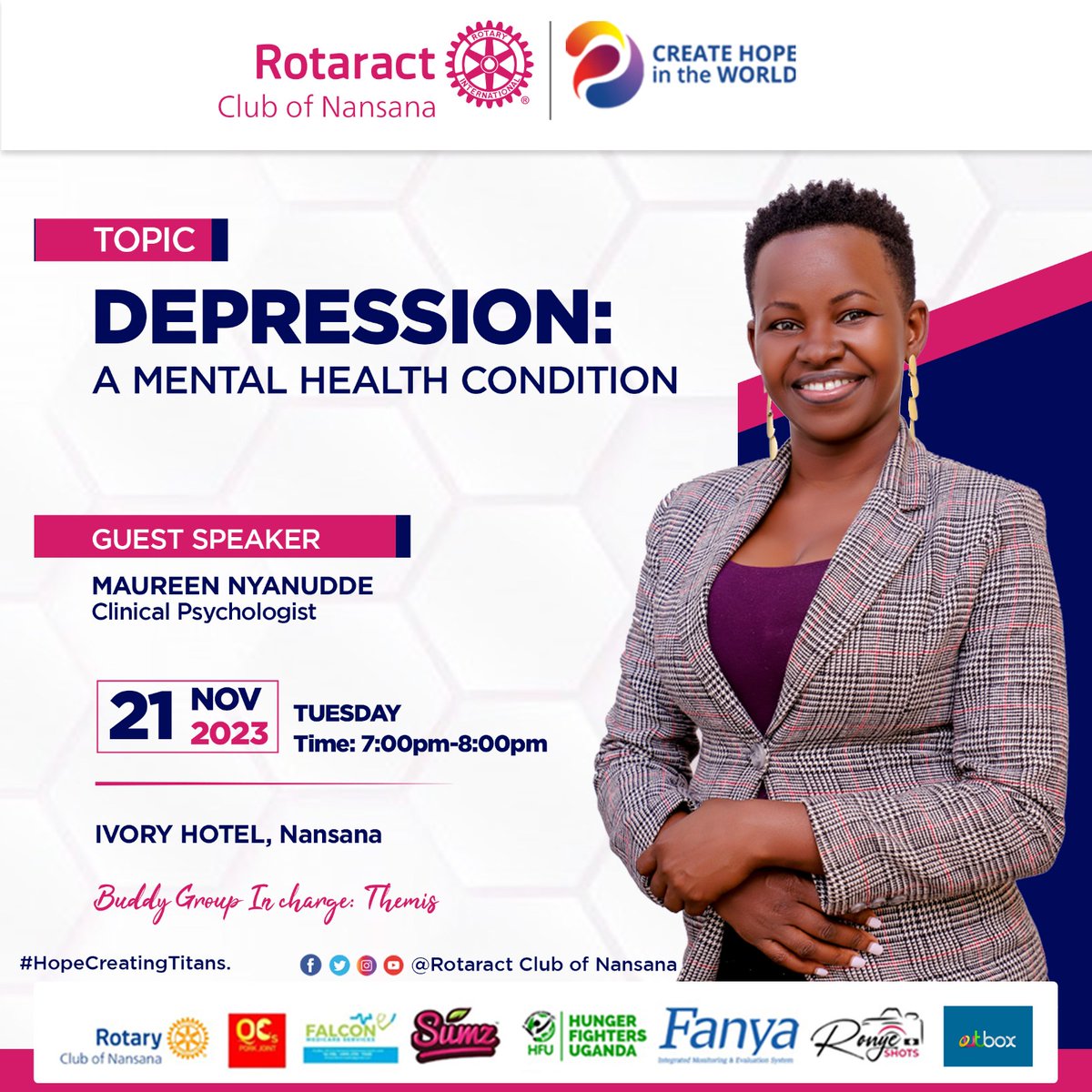 rctnansana's tweet image. FELLOWSHIP ALERT!!!
Plan a date with us tonight at Ivory Hotel-Nansana as we breakdown DEPRESSION. Our guest speaker Ms. Maureen Nyanudde will be taking us through and we'd be glad if you joined us.
Fellowship starts at 7pm
#HopeCreatingTitans
#CreatingHopeInTheWorld
