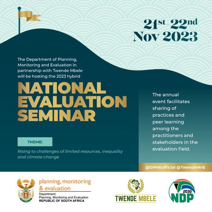 Today I will officially open the annual National Evaluation Seminar (NES) that is convened under the theme;  “Rising to challenges of limited resources, inequality, and climate change.”

Join day 1 of the seminar at 09:00 CAT here: msteams.link/X1CM 

#NES2023 
#DpmeAtWork