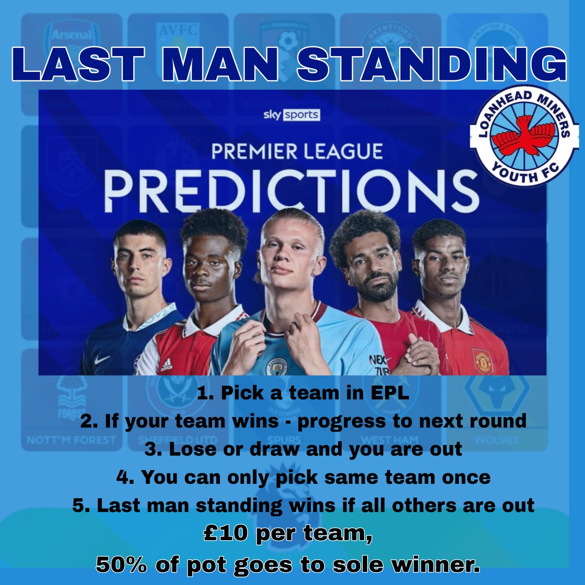 Loanhead 2011s last man standing ⚽️💙

Starting with fixtures on 21st of December

Over 50 entries yesterday alone n plenty time to get more so it could be a decent pot for that lucky person 

Dm us if interested 

<a href="/JamieCa28417279/">Jamie Campbell</a> <a href="/Colinwalker88/">Colin Walker</a> <a href="/loanhead/">Loanhead</a>