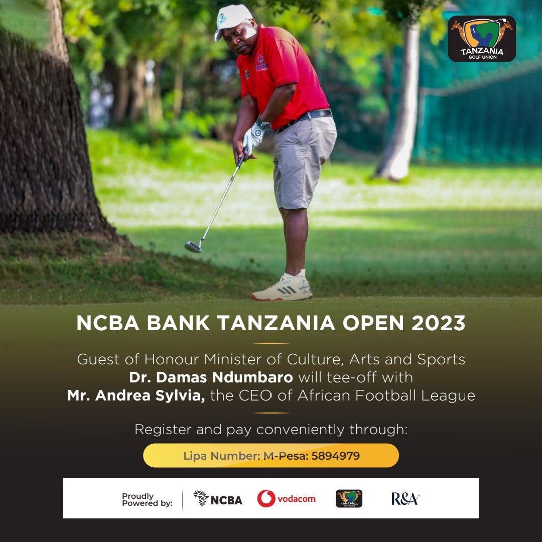 At this year's NCBA BANK Tanzania Open our Guest of Honor The Minister of culture, Arts and Sports Dr. Damas Ndumbaro will tee off against Mr. Andrea Sylvia, the CEO of African Football League. @Nsc_bmt @VodacomTanzania #TGU #golf #NCBAGolfOpen2023