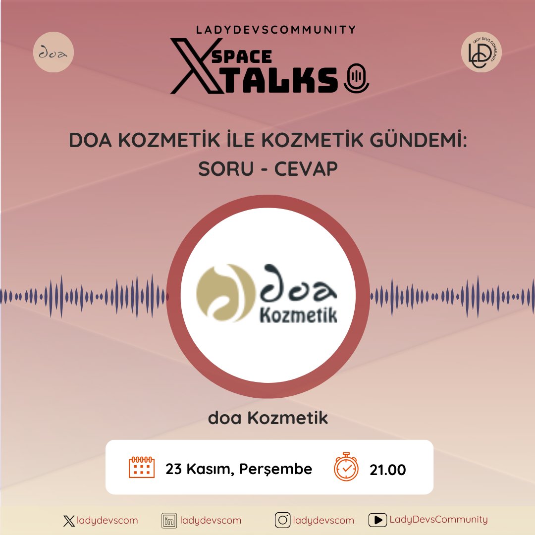 💌Yeniden merhaba!!💌

Bizim çok heyecanlandığımız ve aynı şekilde sizlerin de çok seveceği bir space talks’ı duyurmaya geldik🎉👏

<a href="/doakozmetik/">doa kozmetik</a> ile kozmetik sektörü, cilt bakımı ve nice şeyler konuşacağımız soru cevap etkinliğimize davetlisiniz.

🔔Alarmlarınızı kurmayı