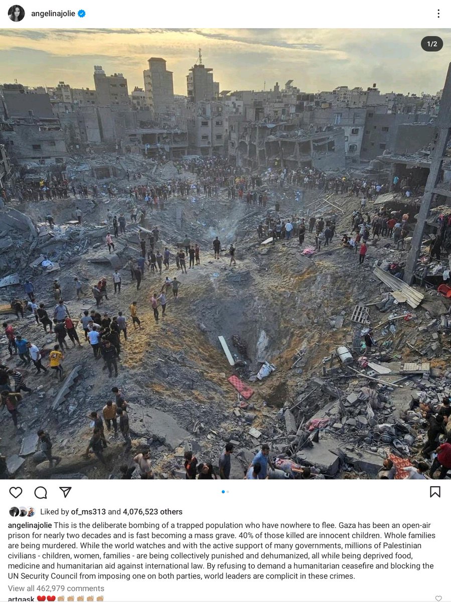 affleckquine's tweet photo. Angelina Jolie on IG over 4 million likes. Not all celebrities can be bought. #Gaza #FreePalestineFromIsraelNOW https://t.co/rJssfVKHR3