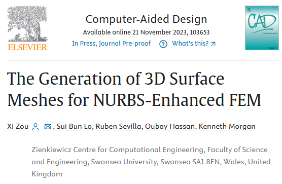 ProfRSevilla's tweet photo. New paper! We present the first surface mesh generator for NURBS-enhanced FEM. It produces meshes of the desired size, crossing surfaces as required and keeping the CAD description (zero geometric error!) Great work @xi_zou 
Extension to volume mesh soon!
https://t.co/Qsu9mGs20f https://t.co/6gXdWCzLFv