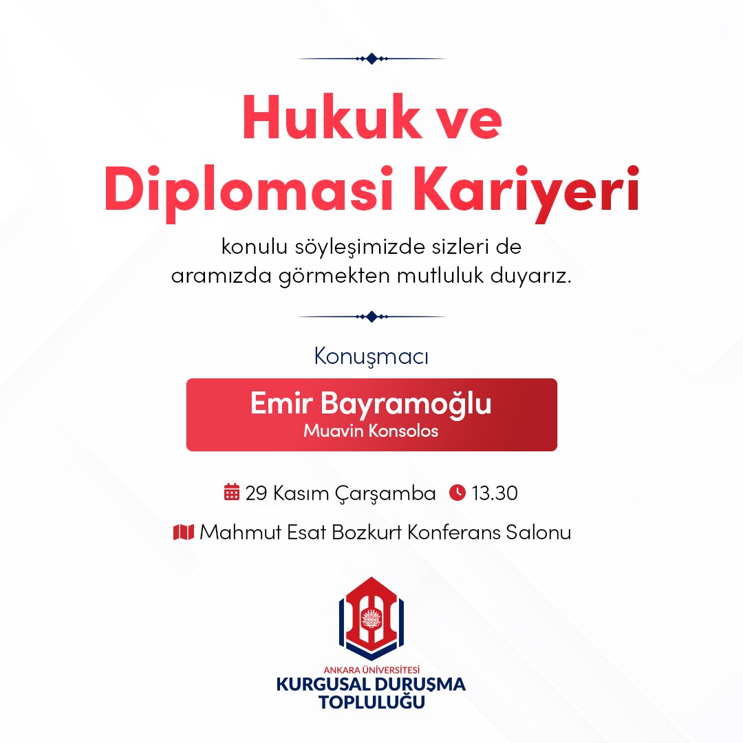 Kurgusal Duruşma Topluluğu Diplomasi koordinatörlüğü olarak mesleki kariyer söyleşilerimize devam ediyoruz! "Hukuk ve diplomasi kariyeri" konulu söyleşimiz için Muavin Konsolos Emir Bayramoğlu'nu okulumuzda ağırlamaktan onur duyuyoruz.