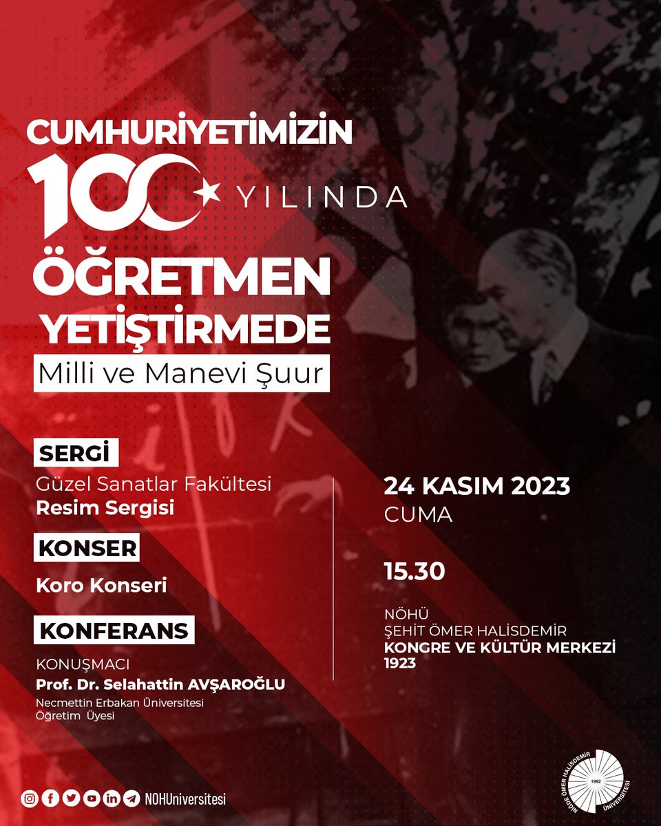 Geleceğimizin teminatı evlatlarımızı yetiştiren öğretmenlerimizin #24KasımÖğretmenlerGünü'nü kutlamak amacıyla Üniversitemizde düzenlenecek olan etkinliklere tüm akademik ve idari personelimiz ile öğrencilerimizi ve hemşehrilerimizi bekleriz.👨‍🏫👩‍🏫 #NÖHÜ #Niğde #24Kasım