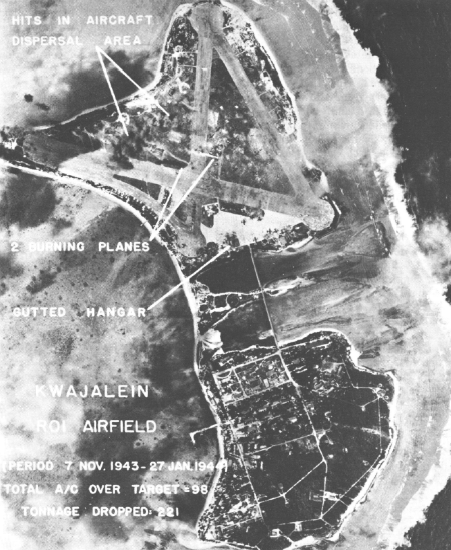 BrianKerg's tweet photo. Roi-Namur, under bomber attack by the 7th Air Force, during operations at #Kwajalein Atoll. From the History of #USMC Operations in WW2, Vol 2. #ReadFightWin https://t.co/5tGzzdsEyp