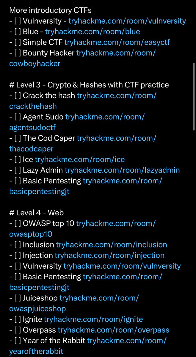 TheMsterDoctor1's tweet image. ⛔TRYHACKME ROADMAP FOR OSCP⛔

# Level 1 - Intro
- [ ] OpenVPN tryhackme.com/room/openvpn
- [ ] Welcome tryhackme.com/jr/welcome
- [ ] Intro to Researching tryhackme.com/room/introtore…
- [ ] Learn Linux tryhackme.com/room/zthlinux
- [ ] Crash Course Pentesting tryhackme.com/room/ccpentest……