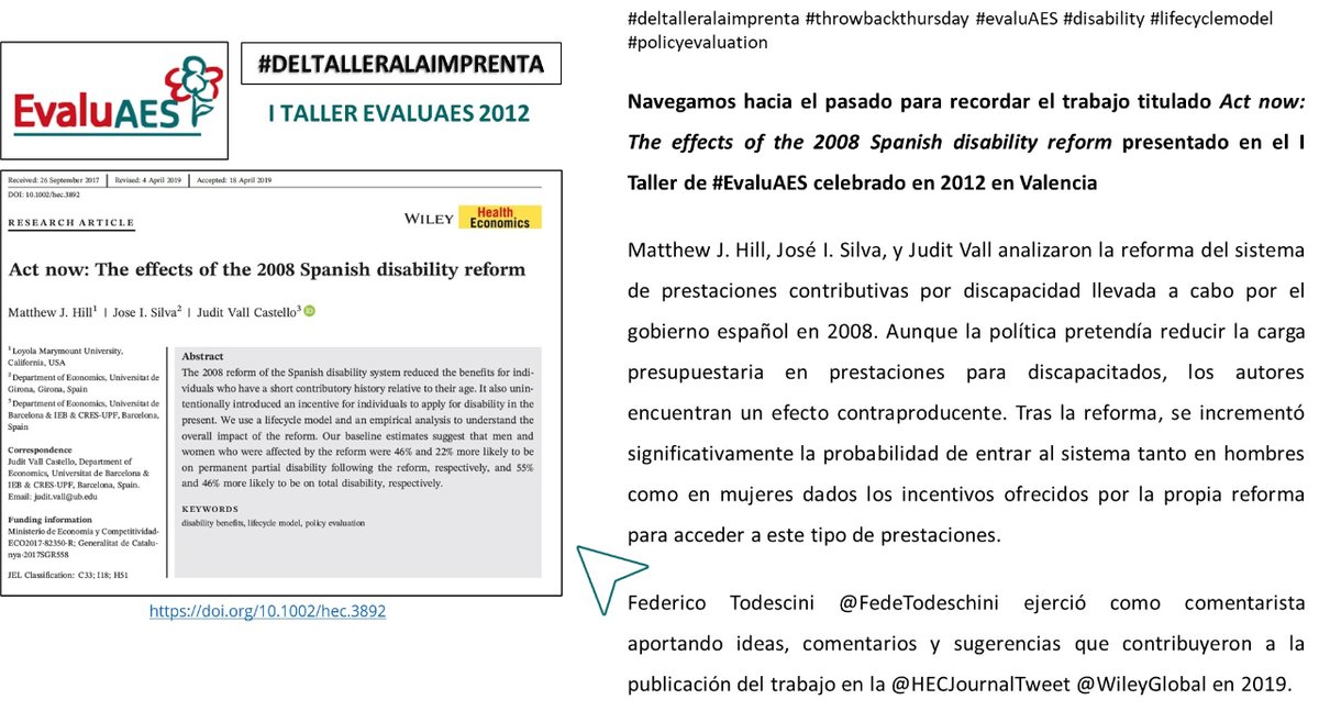 AESeconsalud's tweet photo. #DelTalleraLaImprenta de #EvaluAES
๐๐ #disability #lifecyclemodel #policyevaluation
Hill, M. J., Silva, J. I., & Vall Castello, J. (2019).
Act now: The effects of the 2008 Spanish disability reform.
@juditvall @FundacioIEB @CRESUPF @UniBarcelona @FedeTodeschini
๐งต๐ https://t.co/NClYKoYpv7