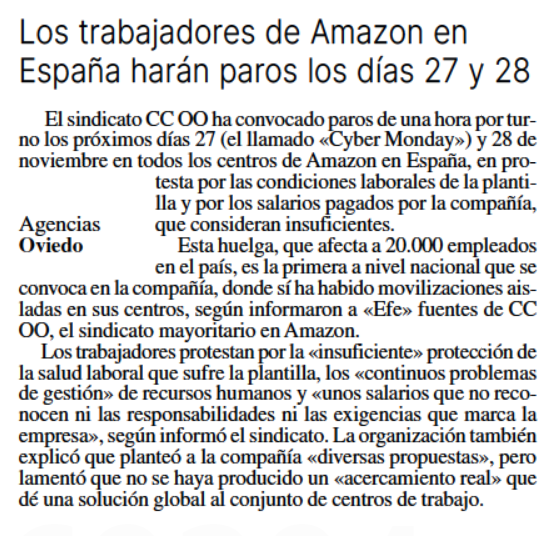 CCOOdeAsturias's tweet photo. Se acerca el #BlackFriday y la plantilla de Amazon convoca el #CyberMonday
👉 Jornadas de movilización y paros en el gigante logístico el 27 y 28 de noviembre. Que la gente sepa lo que hay detrás del click de la compra
#AmazonEnLucha
Info de @lanuevaespana https://t.co/66OXQnd5LZ